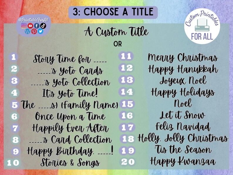 Op de afbeelding: Een kleurrijk schema met 20 titelmogelijkheden voor een yoto-kaartencollectie. Het schema heeft een regenboogachtergrond met een paarse rand. De titelmogelijkheden omvatten "Story Time for...", "... 's yoto Cards", "... 's yoto Collection", "It's yoto Time!" en meer.
