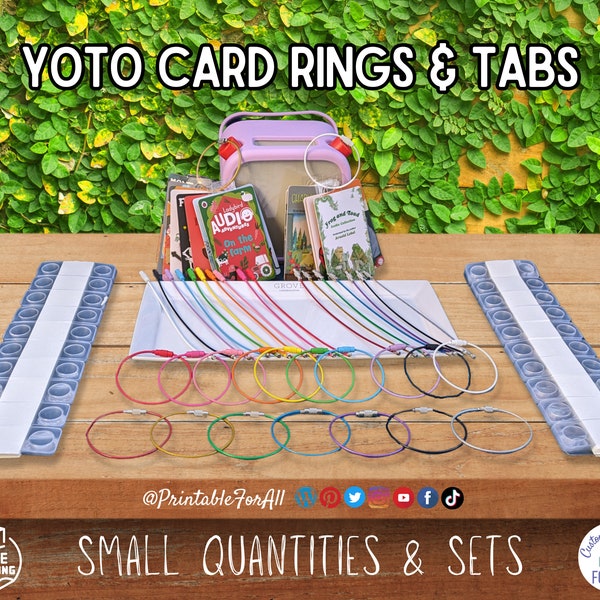 Yoto Card Ring and Tab Set for Organized Yoto Storage and Display, 17 Cable Color Options, Round Hole Adhesive Hang Tag Mini Player Keychain