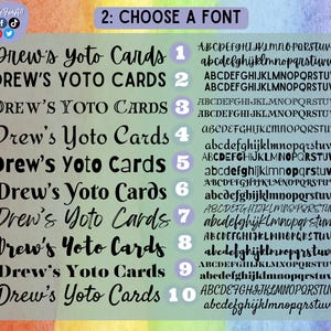 Op de afbeelding: Een grafiek met 10 verschillende lettertypen voor de tekst "Drew's Yoto Cards". Elk lettertype is genummerd van 1 tot 10. Het alfabet wordt in hoofdletters en kleine letters weergegeven voor elk lettertype.
