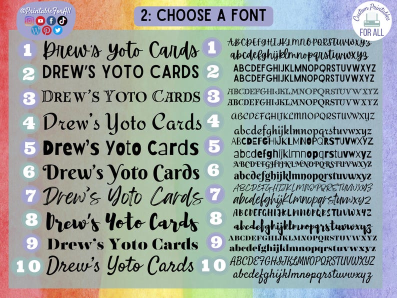 Op de afbeelding: Een grafiek met 10 verschillende lettertypen voor de tekst "Drew's Yoto Cards". Elk lettertype is genummerd van 1 tot 10. Het alfabet wordt in hoofdletters en kleine letters weergegeven voor elk lettertype.
