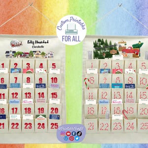 Op de afbeelding: Twee witte canvas adventskalenders met elk 25 vakjes. De kalender aan de linkerkant heeft een kerststad-sc&egrave;ne en de tekst "Feliz Navidad Clarabelle". De kalender aan de rechterkant heeft een kerstboom en de tekst "Merry Christmas! Olivia".