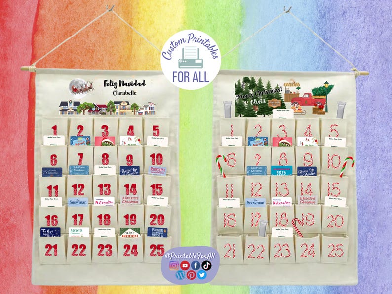 Op de afbeelding: Twee witte canvas adventskalenders met elk 25 vakjes. De kalender aan de linkerkant heeft een kerststad-sc&egrave;ne en de tekst "Feliz Navidad Clarabelle". De kalender aan de rechterkant heeft een kerstboom en de tekst "Merry Christmas! Olivia".