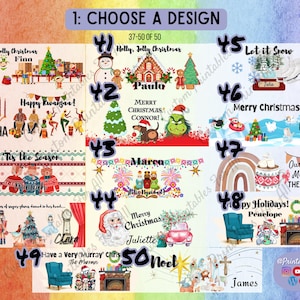 Op de afbeelding: Een kleurrijke collage van 13 kerstthema-ontwerpen, elk met een andere illustratie en een gepersonaliseerde naam. De ontwerpen omvatten een sneeuwpop, een peperkoekhuis, een Grinch, een regenboog, een open haard en meer. De ontwerpen zijn genummerd van 37 tot 50.