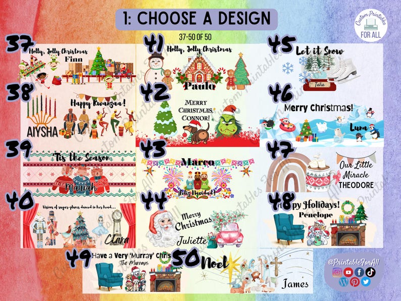 Op de afbeelding: Een kleurrijke collage van 13 kerstthema-ontwerpen, elk met een andere illustratie en een gepersonaliseerde naam. De ontwerpen omvatten een sneeuwpop, een peperkoekhuis, een Grinch, een regenboog, een open haard en meer. De ontwerpen zijn genummerd van 37 tot 50.