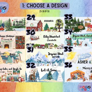 Op de afbeelding: Een set van 12 printbare kerstkaartontwerpen met verschillende winterse taferelen, waaronder een rode schuur, een besneeuwd dorp, een open haard en een menorah. Elk ontwerp bevat een gepersonaliseerde naam en een feestelijke boodschap.
