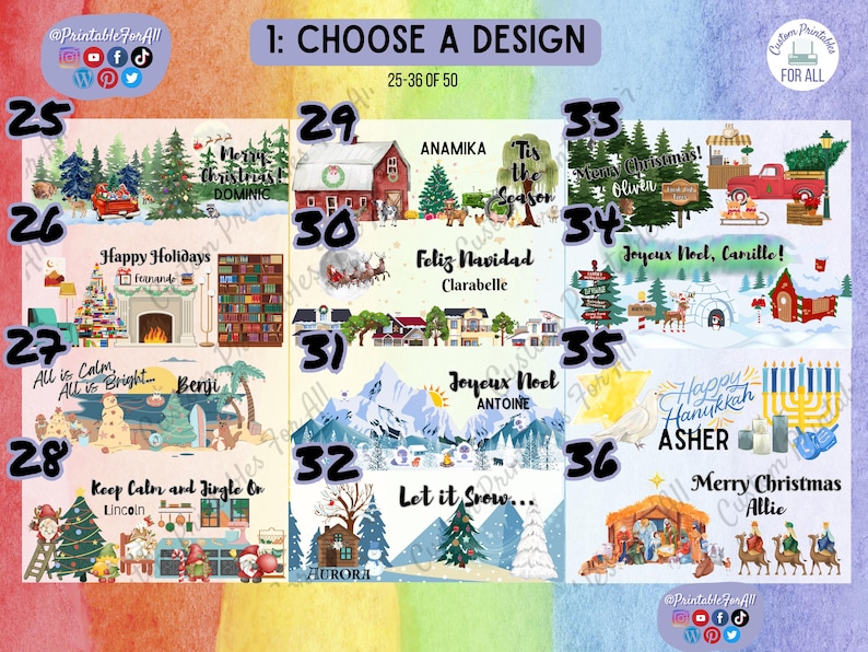 Op de afbeelding: Een set van 12 printbare kerstkaartontwerpen met verschillende winterse taferelen, waaronder een rode schuur, een besneeuwd dorp, een open haard en een menorah. Elk ontwerp bevat een gepersonaliseerde naam en een feestelijke boodschap.