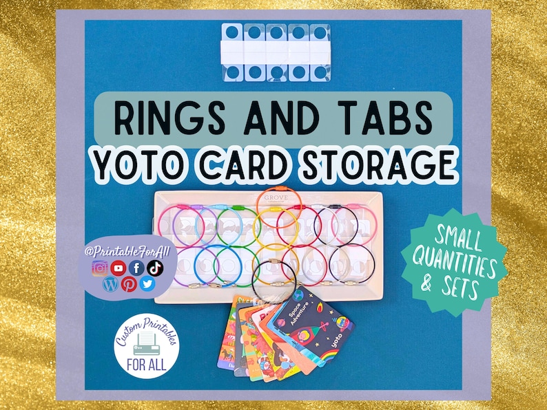 K&ouml;nnte beinhalten: Ein Bild mit blauem Hintergrund und dem Text "RINGS AND TABS YOTO CARD STORAGE." Das Bild zeigt bunte Ringe, Karten und den Satz "SMALL QUANTITIES & SETS."