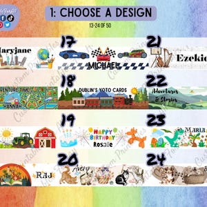 Op de afbeelding: Een set van 12 printbare ontwerpen voor gepersonaliseerde labels. De ontwerpen omvatten een verscheidenheid aan thema's, zoals auto's, treinen, dieren en muziekinstrumenten. De ontwerpen zijn genummerd van 13 tot 24 en maken deel uit van een grotere set van 50.