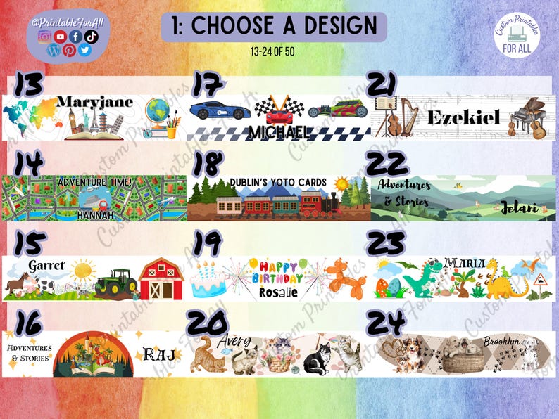 Op de afbeelding: Een set van 12 printbare ontwerpen voor gepersonaliseerde labels. De ontwerpen omvatten een verscheidenheid aan thema's, zoals auto's, treinen, dieren en muziekinstrumenten. De ontwerpen zijn genummerd van 13 tot 24 en maken deel uit van een grotere set van 50.