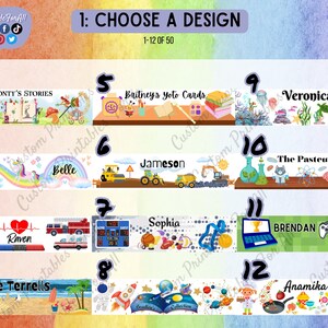Op de afbeelding: Twaalf kleurrijke ontwerpen voor gepersonaliseerde boeklabels. Elk ontwerp heeft een ander thema, waaronder een eenhoorn, een brandweerwagen, een kasteel en een ruimteschip. De labels zijn genummerd van 1 tot en met 12.