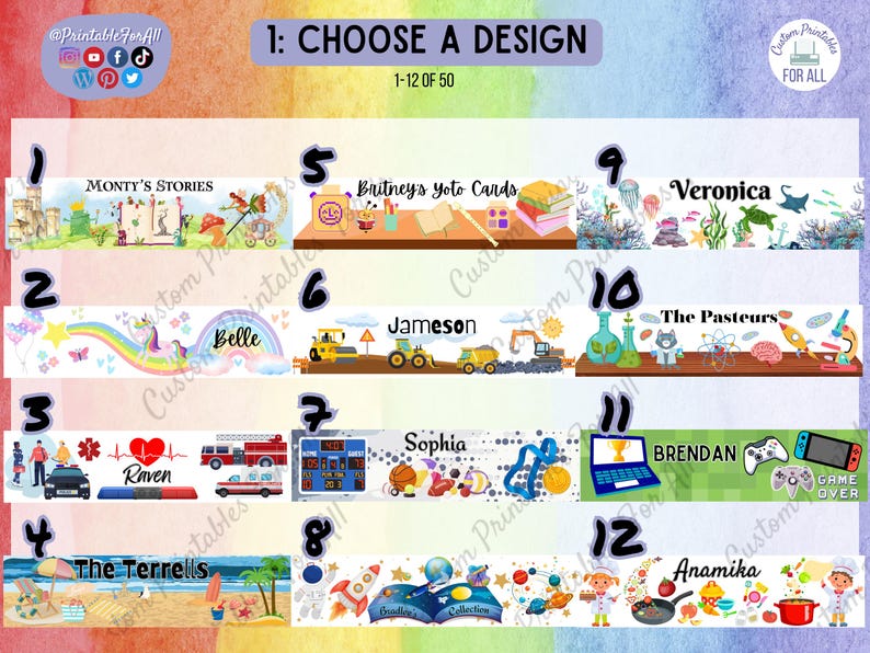 Op de afbeelding: Twaalf kleurrijke ontwerpen voor gepersonaliseerde boeklabels. Elk ontwerp heeft een ander thema, waaronder een eenhoorn, een brandweerwagen, een kasteel en een ruimteschip. De labels zijn genummerd van 1 tot en met 12.