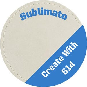 May include: White round sublimation blank with a blue section that says "Create With 614" in white text.