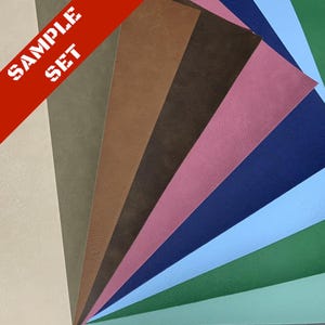 May include: A sample set of 10 different colored faux leather sheets. The sheets are arranged in a fan shape, with the lightest color at the bottom and the darkest color at the top. The colors are: cream, olive green, brown, dark brown, pink, navy blue, light blue, teal, and green.