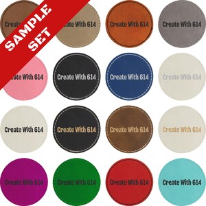 May include: A set of 12 round coasters in various colors, including brown, beige, pink, blue, black, green, red, and turquoise. Each coaster has a stitched edge and the text "Create With 614" printed in black.