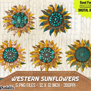 May include: Five digital illustrations of turquoise and gold western sunflowers. Each sunflower has a turquoise center with a gold and brown pattern on the petals. The text "WESTERN SUNFLOWERS" is at the bottom of the image.