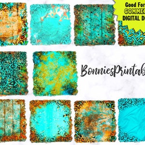 May include: Set of 10 digital paper squares with a turquoise blue background and a variety of textures, including leopard print, wood grain, and distressed metal.  Good for use in commercial digital designs.  BonniesPrintables.