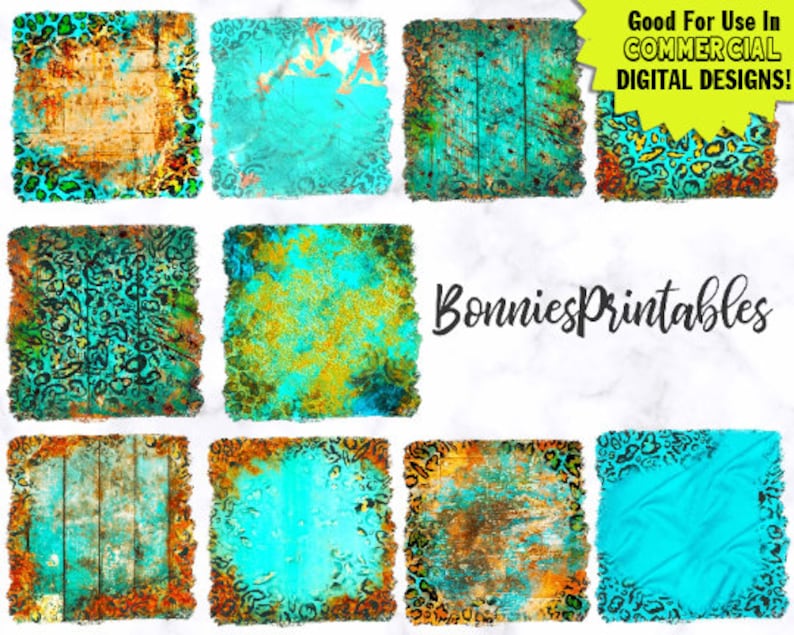 May include: Set of 10 digital paper squares with a turquoise blue background and a variety of textures, including leopard print, wood grain, and distressed metal.  Good for use in commercial digital designs.  BonniesPrintables.