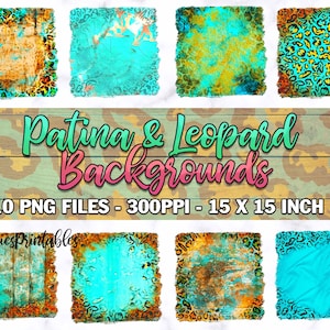 May include: Ten digital backgrounds featuring a combination of turquoise, gold, and brown patina textures with leopard print borders. The backgrounds are 15 inches by 15 inches and 300 pixels per inch.