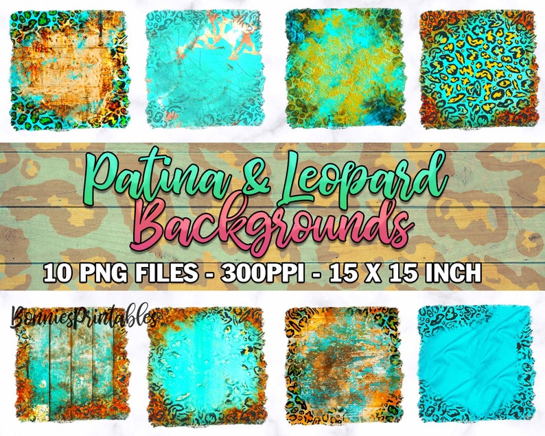 May include: Ten digital backgrounds featuring a combination of turquoise, gold, and brown patina textures with leopard print borders. The backgrounds are 15 inches by 15 inches and 300 pixels per inch.