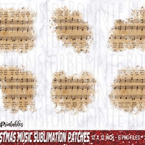 May include: Six digital sublimation patches featuring vintage sheet music with a distressed, faded look. Each patch is 12 inches by 12 inches and is 300 pixels per inch. The patches are perfect for creating custom apparel, home decor, and other crafts.