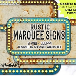以下が含まれることがあります： 8つの素朴なマルキーサインのセットで、使い古された風合いがあります。サインは30.5 x 30.5 cmのワークスペースでデザインされており、デジタルデザインにヴィンテージな雰囲気を加えるのに最適です。