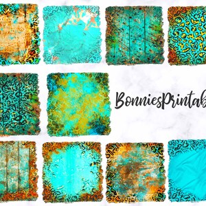 May include: Set of 10 digital paper squares with a turquoise, gold, and brown color scheme. The squares feature a variety of patterns, including leopard print, wood grain, and abstract designs.  The text "BonniesPrintables" is visible in the center of the image.