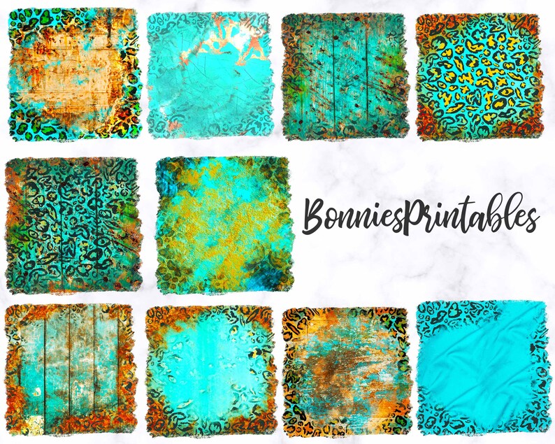 May include: Set of 10 digital paper squares with a turquoise, gold, and brown color scheme. The squares feature a variety of patterns, including leopard print, wood grain, and abstract designs.  The text "BonniesPrintables" is visible in the center of the image.
