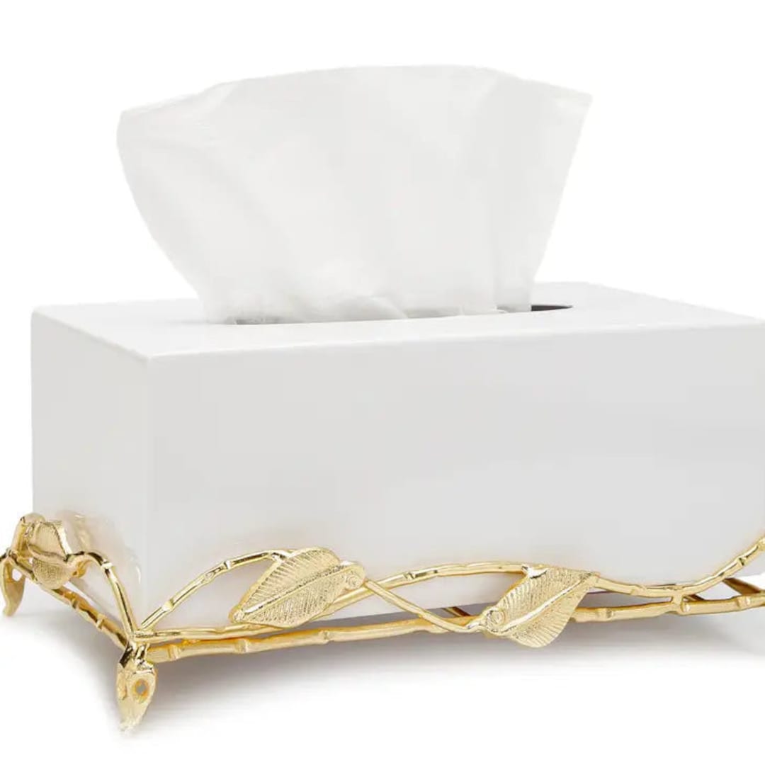 White Tissue Box W/gold Leaf Metal Base Etsy