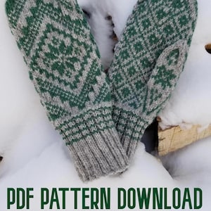May include: A pair of gray and green knitted mittens with a geometric pattern. The mittens are lying on a bed of snow. The text "PDF PATTERN DOWNLOAD" is at the bottom of the image.