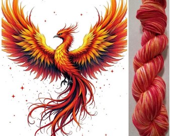 May include: A vibrant illustration of a phoenix with outstretched wings, showcasing fiery red, orange, and yellow hues. The mythical bird is depicted with intricate feather details and a flowing tail. Next to it is a skein of hand-dyed yarn in similar warm colors.