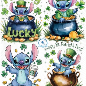 May include: A digital download featuring four watercolor illustrations of Stitch celebrating St. Patrick's Day. Stitch is depicted with a green hat, surrounded by gold coins, shamrocks, and the words "Feeling Lucky" and "Happy St. Patrick's Day!"