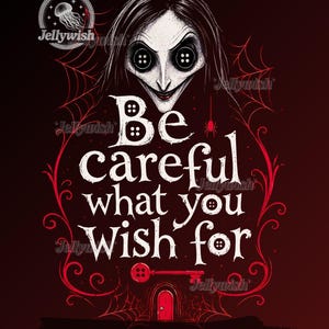 May include: A digital download graphic with a dark red background. The image features a stylized illustration of a pale-faced figure with button eyes and the text "Be careful what you wish for." Red spiderwebs and a key are also included.