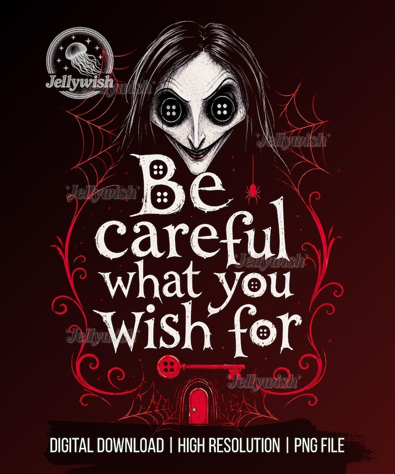 May include: A digital download graphic with a dark red background. The image features a stylized illustration of a pale-faced figure with button eyes and the text "Be careful what you wish for." Red spiderwebs and a key are also included.