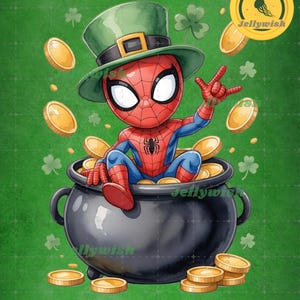 May include: A digital illustration of Spider-Man in a leprechaun hat, sitting in a pot of gold coins. The background is green with shamrocks and gold coins. The image includes the text "DIGITAL DOWNLOAD | HIGH RESOLUTION | PNG FILE".