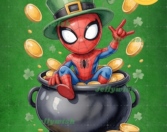 Spider Man St Patrick's Day PNG | Watercolor Leprechaun Pot of Gold (Digital Download)