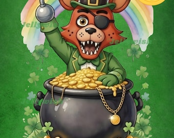 Five Nights at Freddy’s St Patricks Day PNG | Foxy Leprechaun Pot of Gold Shamrock Clovers Lucky | DTF Sublimation