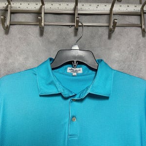 以下が含まれることがあります： 小さなチェック柄のターコイズ色のポロシャツ。襟、3つボタンの前立て、ブランドロゴが付いています。黒いハンガーに吊るされており、背景はニュートラルです。