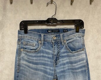 Jeans BKE da uomo, taglia 29x30, blu, lavaggio stone wash, denim, modello Jake, dritto, fibbia, stile western casual.