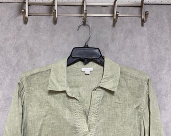 J Jill レディース 2X グリーン リネン ラブカラー Vネック チュニック ロールスリーブ ブラウス