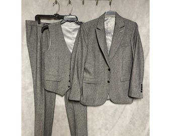 Bespoke Suit Men 38R Gray Herringbone Winter Flannel Tweed 3 Piece W37X33 Luxury