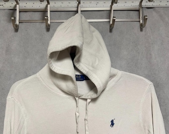 Sudadera con capucha Polo Ralph Lauren para hombre, talla L, color blanco, tejido de punto gofrado térmico.
