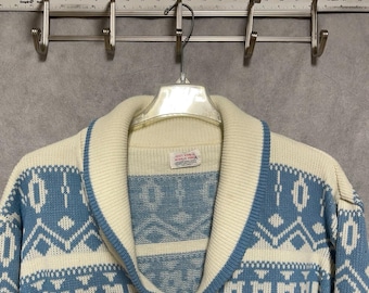 VTG Men Sweater  XL Shawl Virgin Acrylic Fiber Cardigan Aztec Chunky Knit USA