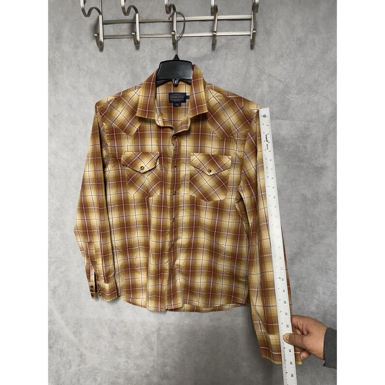 Chemise Pendleton pour homme L beige à carreaux, cow-boy boutonnée avec boutons-pression, corvée de rodéo image 4