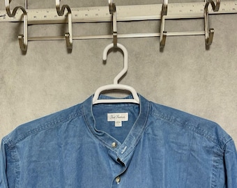 Camisa vintage Paul Fredrick para hombre, talla L, azul denim chambray, cuello tipo pala, abotonada, manga larga, fabricada en EE. UU.