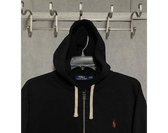 Felpa con cappuccio VTG Polo Ralph Lauren da uomo XXL nera pesante con zip intera in pile Pony