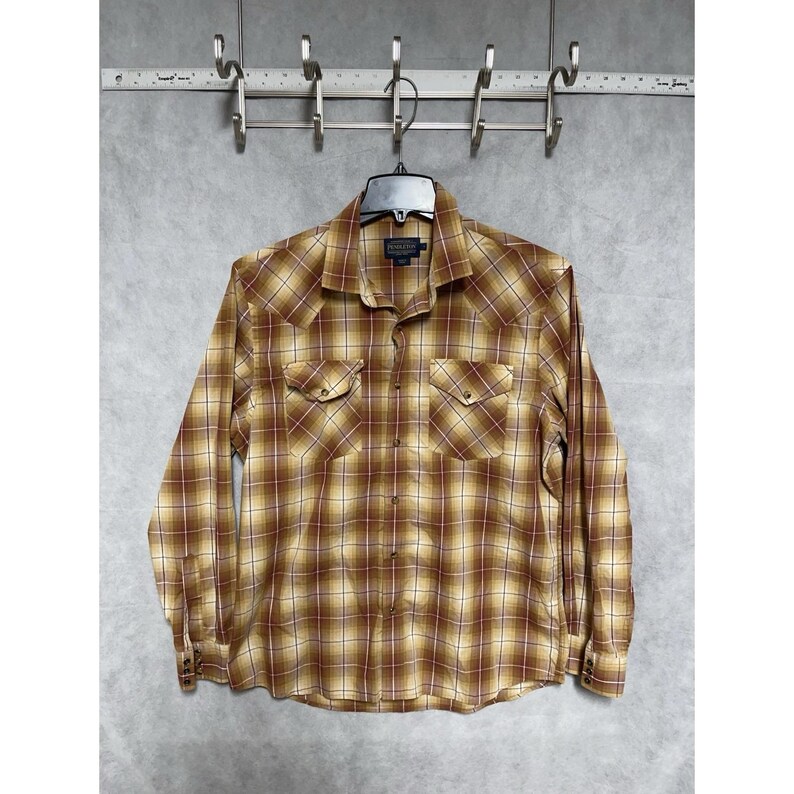 Chemise Pendleton pour homme L beige à carreaux, cow-boy boutonnée avec boutons-pression, corvée de rodéo image 2