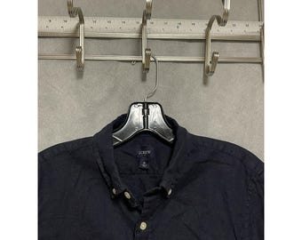 Camisa J Crew Masculina Azul em Linho e Algodão, com Botões, Corte Slim, Manga Curta, Estilo Academia