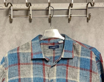 Camicia Lanzino da uomo 3XL a quadri blu, in lino e cotone, con bottoni, casual, stile accademico