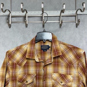May include: A Pendleton button-down shirt with a plaid pattern in shades of brown, tan, and white. The shirt has two chest pockets and is hanging on a black hanger. The Pendleton label is visible.