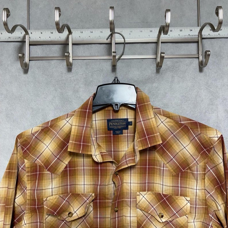 Chemise Pendleton pour homme L beige à carreaux, cow-boy boutonnée avec boutons-pression, corvée de rodéo image 1